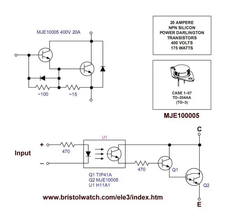 Optocoupler driver for MJE10005 power Darlington transistor.