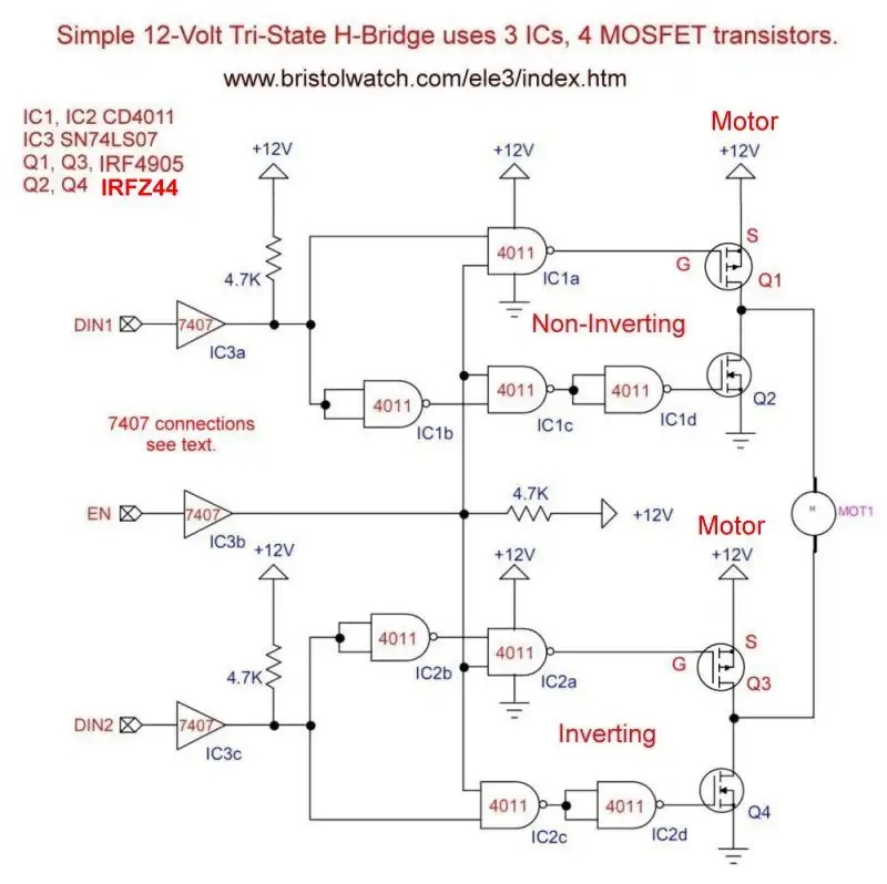 H-Bridge schematic with MOSFET outputs.