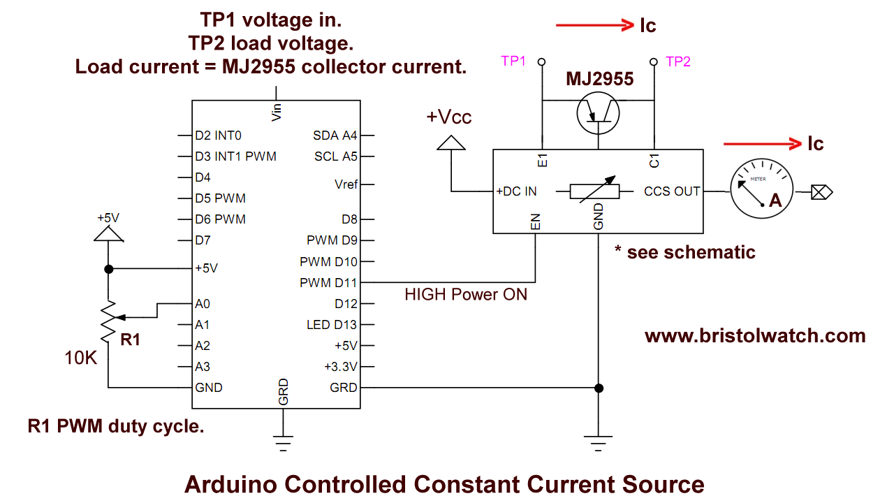 Wiring diagram Arduino controlled constant current source.