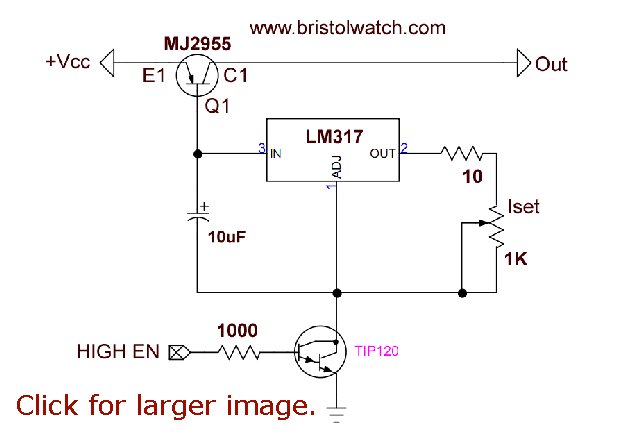 Switching transistor in ground side LM317 constant current source.