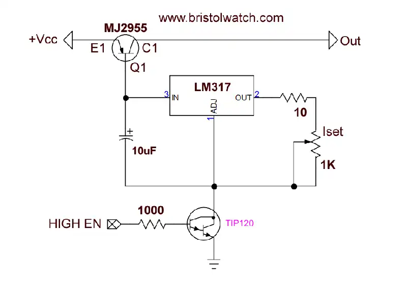 Switching transistor in ground side LM317 constant current source.