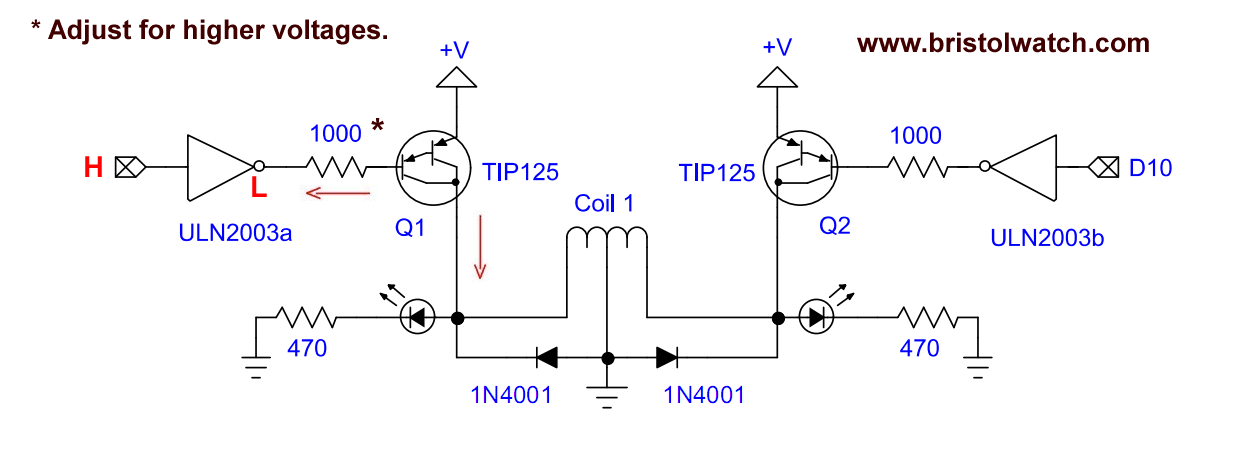 TIP125 driver pair diagram for each stepper winding.