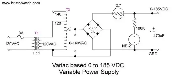 Autotransformer and isolation transformer variable AC-DC power supply schematic.