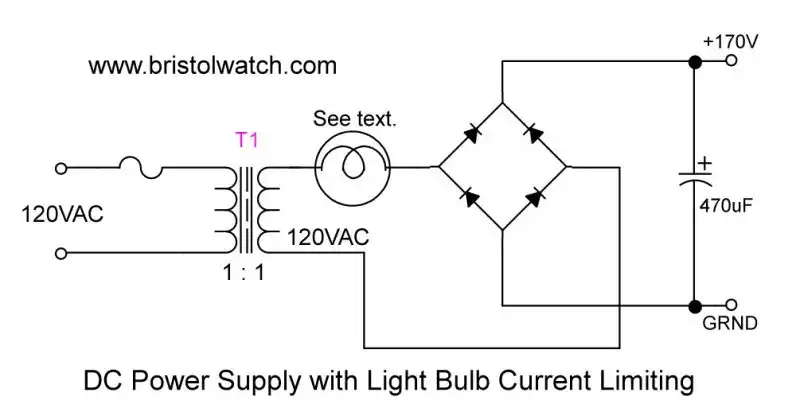 Light bulb used as current limiter.