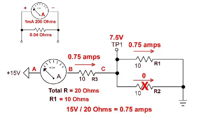 Series-parallel circuit with three 10 Ohm resistors, one resistor open.
