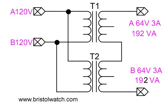 2 transformers outputs connected in series for higher voltage.