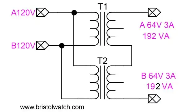 2 transformers outputs connected in series for higher voltage.