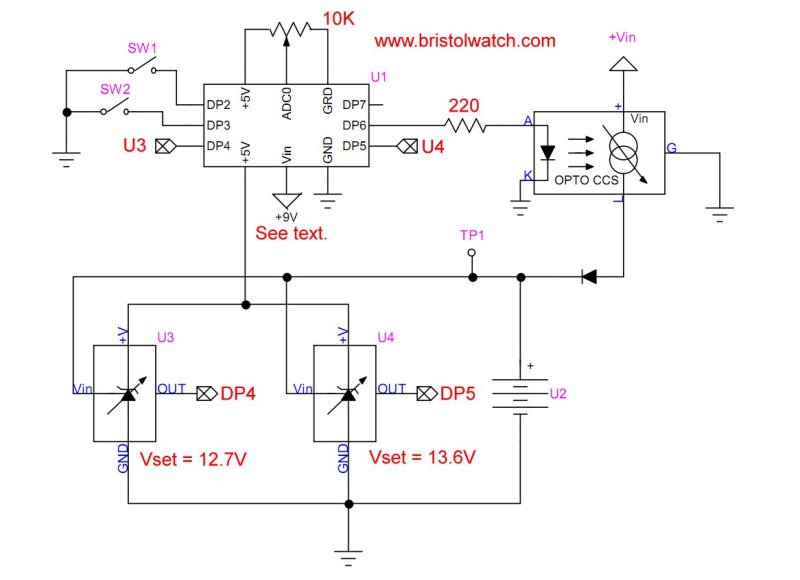 Arduino battery charger with opto-isolated CCS and 2 TL431 voltage comparators.