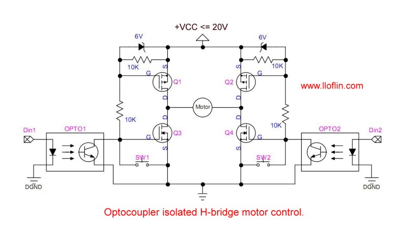 A basic 4 MOSFET H-bridge.  Optocouplers isolate the microcontroller from the higher motor voltage.