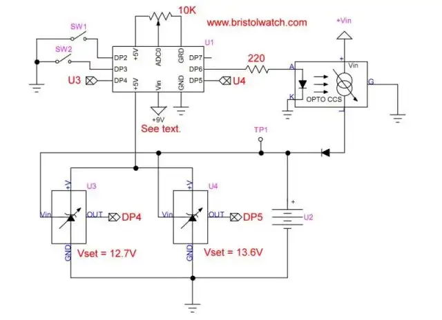 Arduino battery charger with opto-isolated CCS and 2 TL431 voltage comparators.