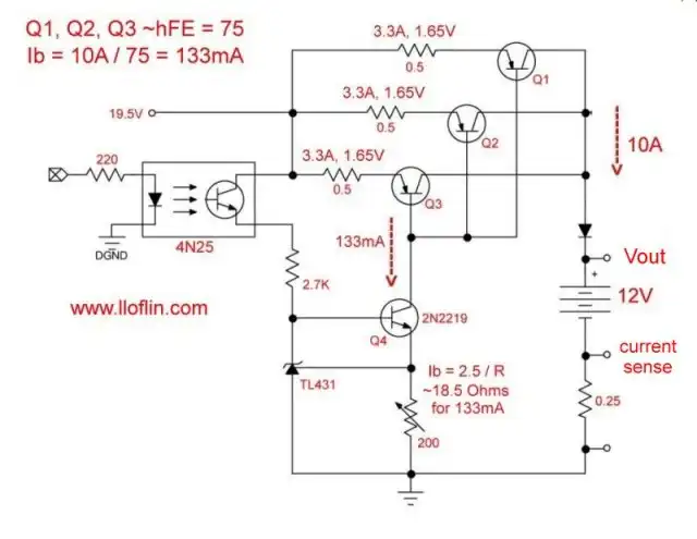 TL431 current sink regulator driving three parallel transistor high current constant current source with optocoupler ON-OFF control.
