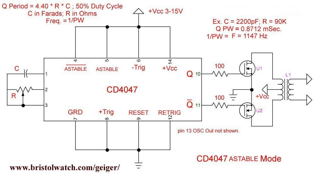 CD4047 Astable Multivibrator mode with 2 power MOSFETs driving power transformer.