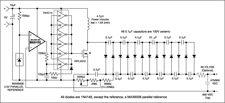 Maxim MAX4162 Geiger counter power supply uses voltage multiplier.