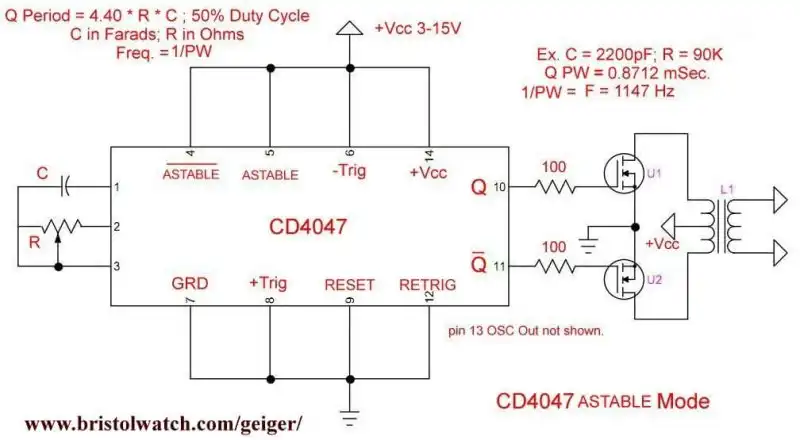 CD4047 Astable Multivibrator mode with 2 power MOSFETs driving power transformer.