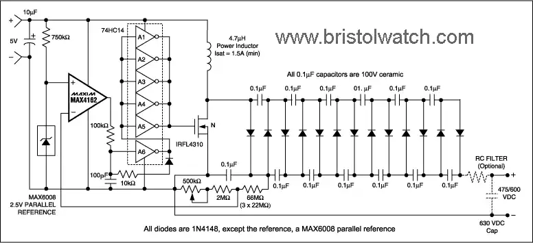 Maxim MAX4162 Geiger counter power supply uses voltage multiplier.