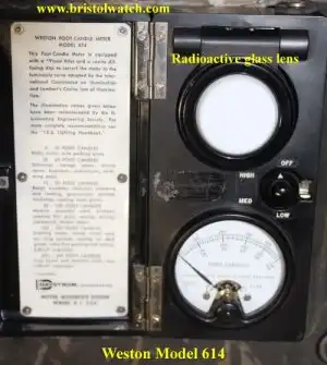 Weston Model 614 light level meter has highly radioactive glass lens.