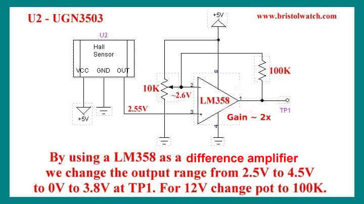 Ratiometric Hall sensor with LM358 differential amplifier.