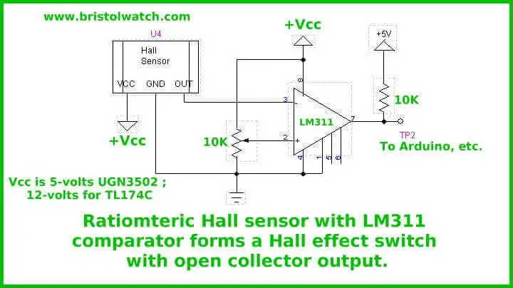 Hall Switch connected LM311 comparator to form Hall effect switch.