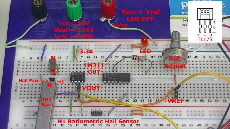 Experimental ratiometric Hall-sensor comparator circuit on prototyping board B.