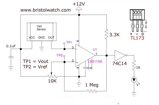 Experimental ratiometric Hall-sensor comparator circuit detects ferrous metal.