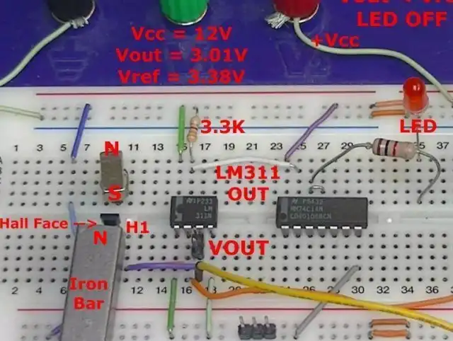 Experimental ratiometric Hall-sensor comparator circuit on prototyping board A.