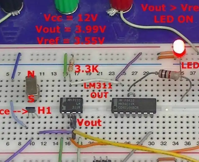 Experimental ratiometric Hall-sensor comparator circuit on prototyping board B.