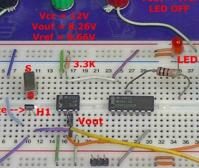 Experimental ratiometric Hall-sensor comparator circuit on prototyping board C.