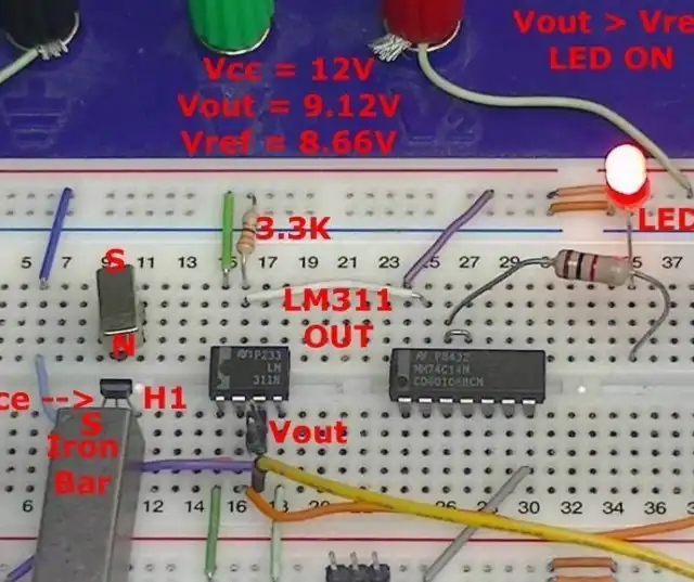 Experimental ratiometric Hall-sensor comparator circuit on prototyping board A.