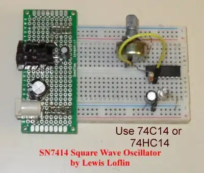 SN7414 oscillator circuit breadboard.