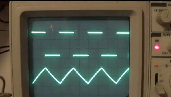 SN74HC14N Square wave oscillator circuit waveforms on oscilloscope.