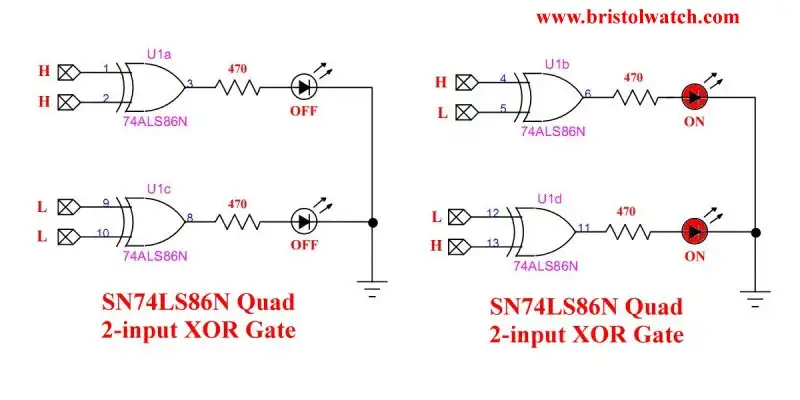 SN74LS86 connections with LEDs.