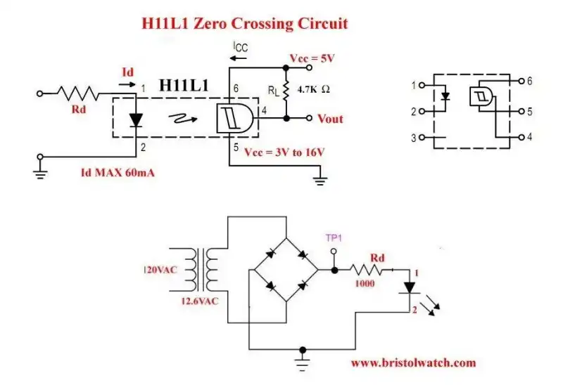 Zero AC crossing detector using a H11L1 opto-coupler.