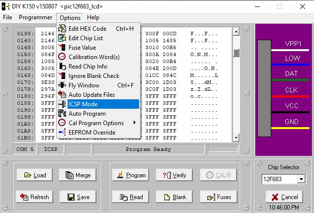 K150 PIC programmer window select ICSP.