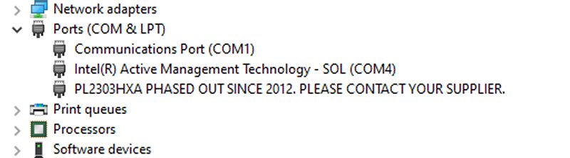 Windows device manager ports bad Prolific upgrade.