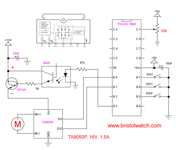 PICAXE microcontroller with TA8050P H-Bridge