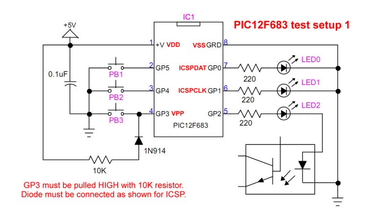 Mircochip PIC PIC12F683 test setup.