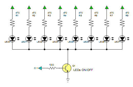 LEDs common cathode with blanking transistor.