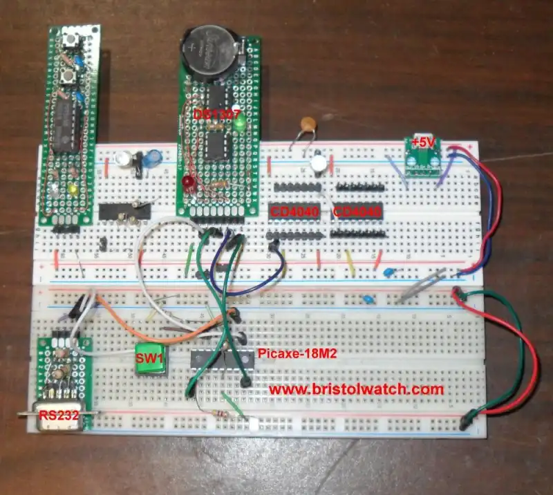 PICAXE-18M2 on a breadboard with DS1307 RTC.