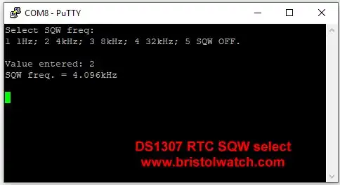 DS1307 SQW frequency select on a PuTTY terminal.