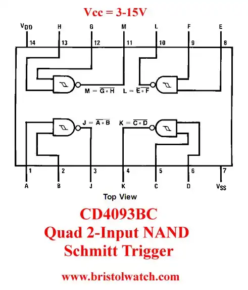 CD4093B internal and pin connections.