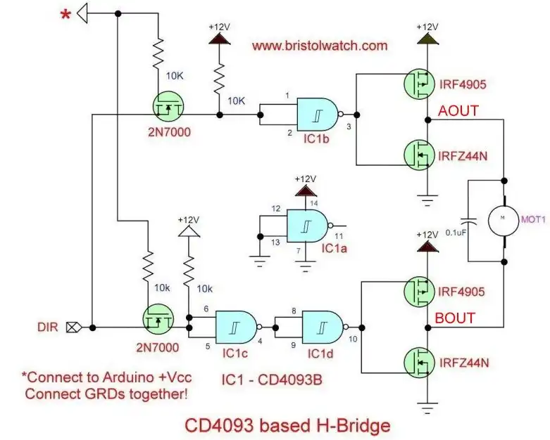Simplified CMOS-MOSFET H-Bridge Circuit single input.