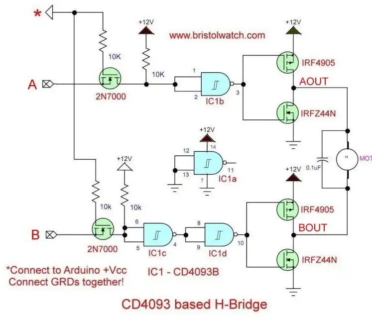 Simplified CMOS-MOSFET H-Bridge Circuit 2 inputs.