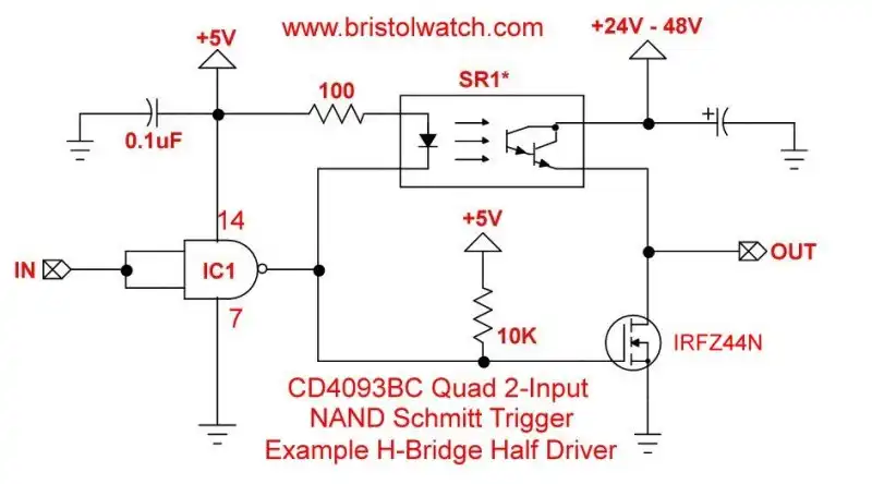 Half H-bridge with CD4093 Schmitt-Trigger input.