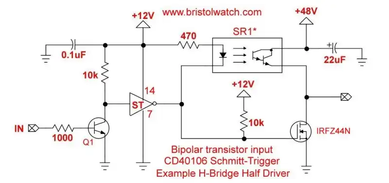 Half H-bridge with bipolar transistor with CD40106 Schmitt-Trigger.