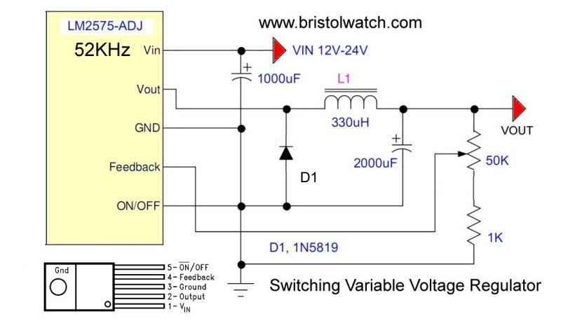 LM2575-ADJ variable voltage regulator.