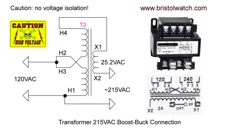 Power transformer connected in voltage boost-buck or subtract configuration.