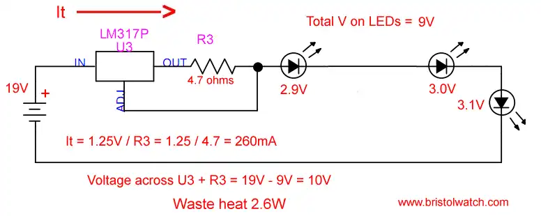 LM317 current driving 3 LEDs from 19-volts.