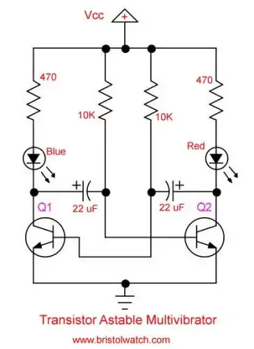 Two transistor astable multivibrator circuit.
